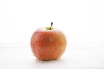 Big red apple with water drops on white background