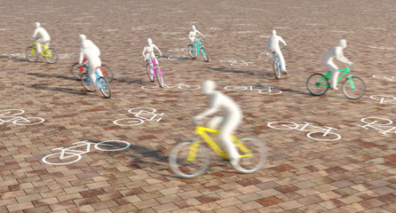 Free bicycle ride zone, bicyclists riding free over wide area
