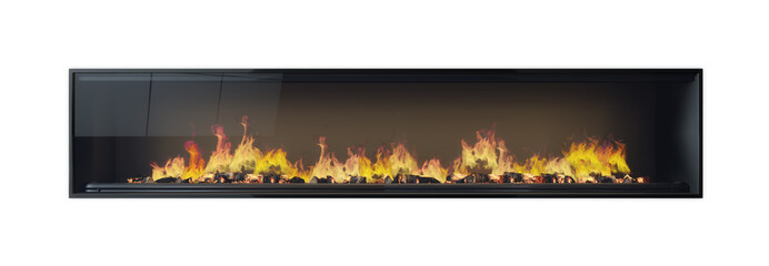 Large fireplace, fire, burning wood, framed glass isolated