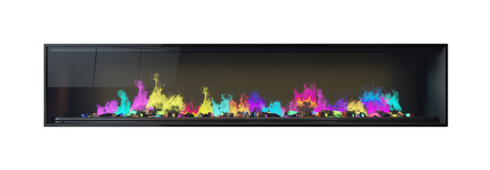 Colourful fireplace, fire, burning wood, framed glass isolated