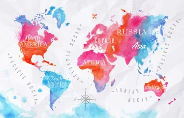 Tuinposter Wereldkaart Aquarel wereldkaart roze blauw