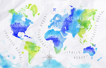 Watercolor world map green blue