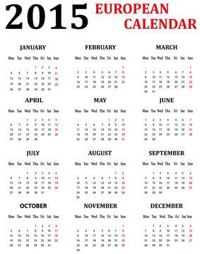 Simple European Calendar for 2015.