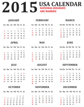 Simple USA Calendar for 2015. American holidays are marked
