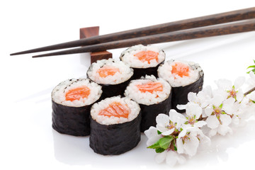 Sushi maki set and sakura branch