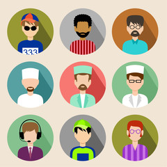 Set of circle flat icons with men. vector illustration
