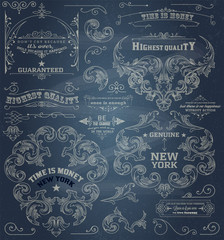 Set of retro elements: baroque frames, retro labels. Chalk style