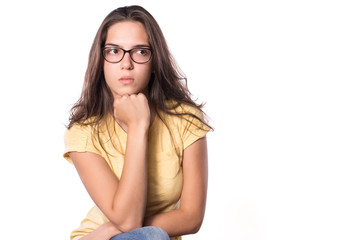 Cute Young Girl Glasses posing white isolated background serious