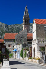 Ancient Street in Perast. View of the Church. Montenegro