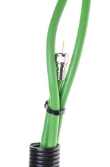 Green coaxial cable with F connector in corrugated pipe