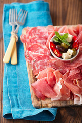 meat antipasti Platter of Cured Meat,   jamon, olives, sausage,