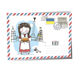 Fototapeta premium Postcard Ukraine Kiev. Ukrainian girl. Vector drawing