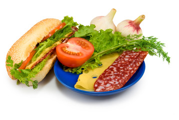sandwich, sausage, cheese, tomatoes and garlic