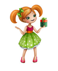 funny girl with gift box, illustration isolated on white