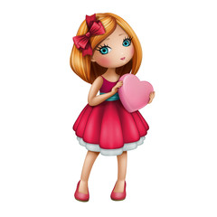 Valentines day cute girl with heart, isolated illustration