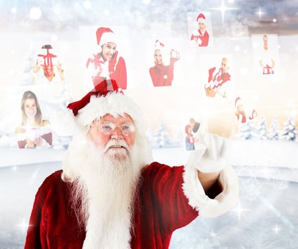 Composite image of santa pointing to christmas people collage