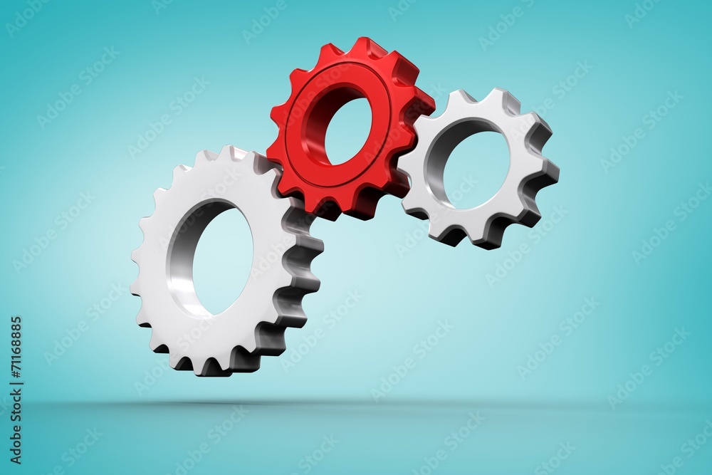 Poster Composite image of white and red cogs and wheels