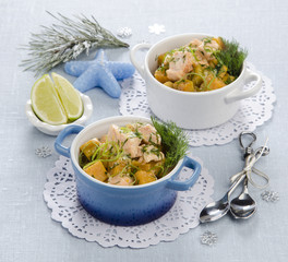 cocotte with vegetables and salmon