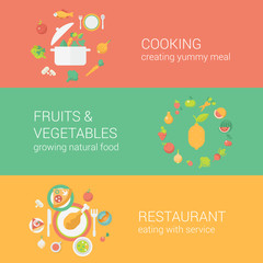 Food concept flat icons set cooking meal fruits vegetables