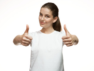 Attractive girl shows thumb up gesture