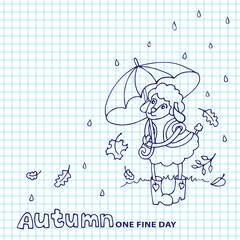 Cute sheep girl with umbrella under rain.Sketchy notepaper