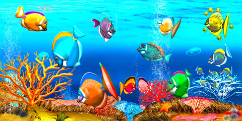 Naklejka na ściany i meble Korallenriff, Korallenfische. Illustration