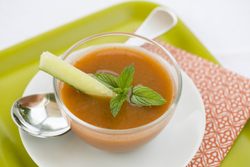 Bowl of Gaspacho with Mint and cucumber