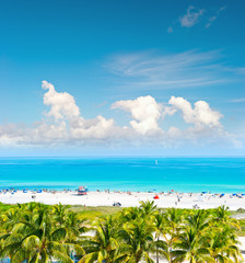 Fototapeta na wymiar Blue sky, turquoise water, palm trees. Miami Beach, Ocean Drive