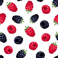 Seamless background with raspberry and blackberry. Vector.
