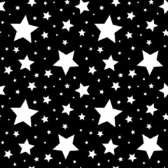 Seamless pattern with white stars on black. Vector illustration. - obrazy, fototapety, plakaty