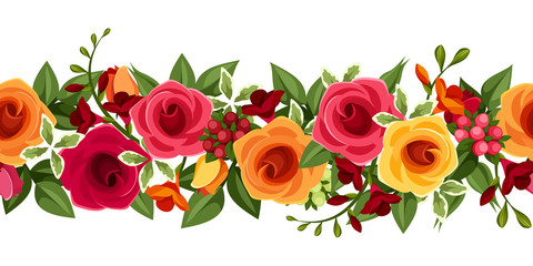 Horizontal seamless background with roses and freesia.