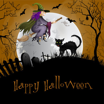 Halloween Party Background.Cat and witch .