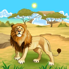 Foto op Canvas African landscape with lion king. © ddraw