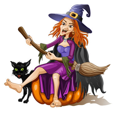 Funny witch sits on a pumpkin with cat