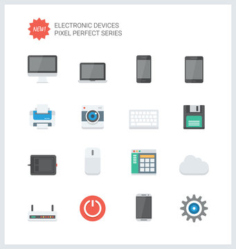 Pixel perfect electronic devices flat icons