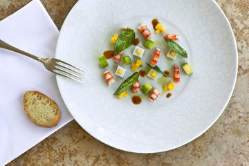 Prawns, coconut jelly, mango, curry jam, avocado