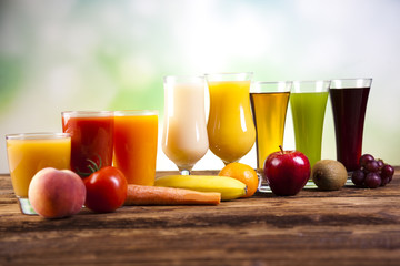 Fruits, vegetables, fruit juices, vegetable juices, healthy food
