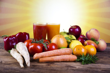 Fruits, vegetables, fruit juices, vegetable juices, healthy food