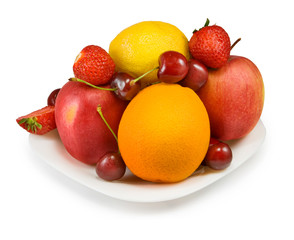 Fototapeta na wymiar strawberries, cherry, apple, orange and lemon