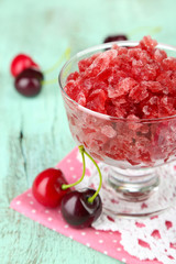 Closeup of cherry granita in glass bowl,