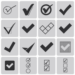 Set of different grey vector check marks or ticks in boxes Black