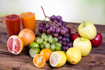 Fruits, vegetables, fruit juices, vegetable juices, healthy food