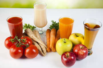 Fruits, vegetables, fruit juices, vegetable juices, healthy food