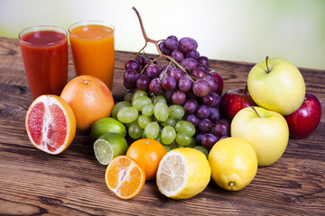 Fruits, vegetables, fruit juices, vegetable juices, healthy food