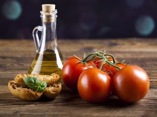 Fresh olive oil ,baguettes, olives 