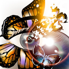 Futuristic unusial background with eye and butterfly