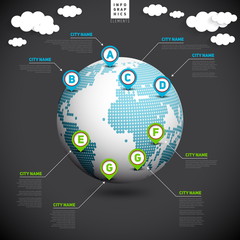 World map globe with pointer marks, infographics communication c