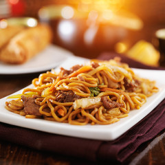 chinese beef lo mein with orange lens flare