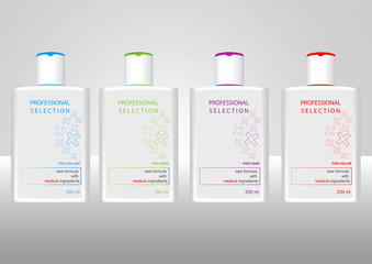 Bottles with sample labels for shampoo
