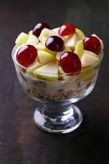 Healthy breakfast - yogurt with  fresh grape and apple slices
